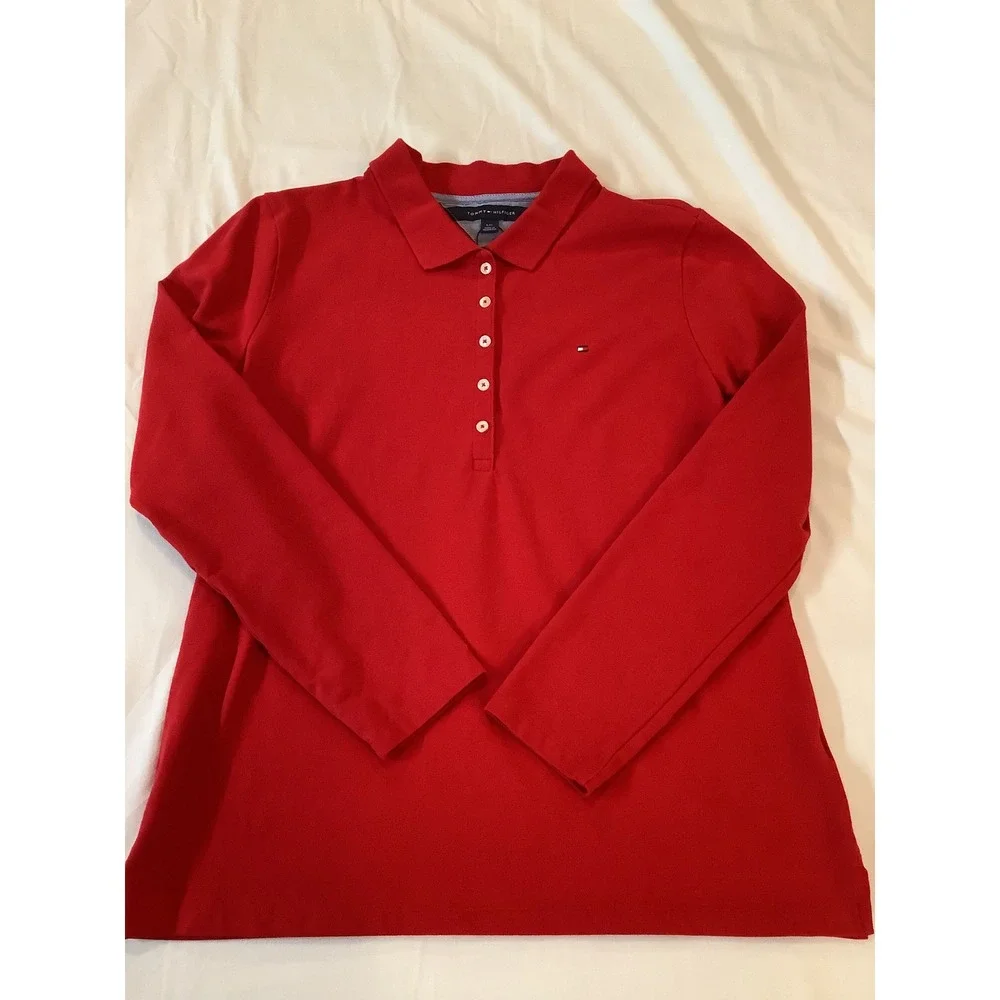 NEW Tommy Hilfiger Women's Red Long Sleeve Polo Shirt‎ Size L  Cotton Preppy